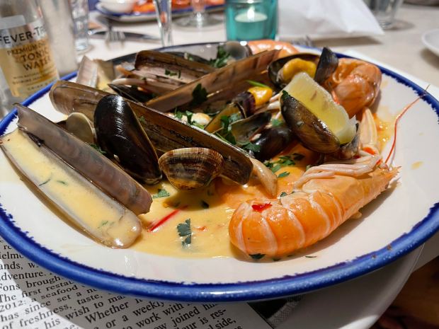 Seafood is fresh and delicious at The Seafood Room in Amsterdam. This plate includes shrimp, razor clams, mussels and more.
