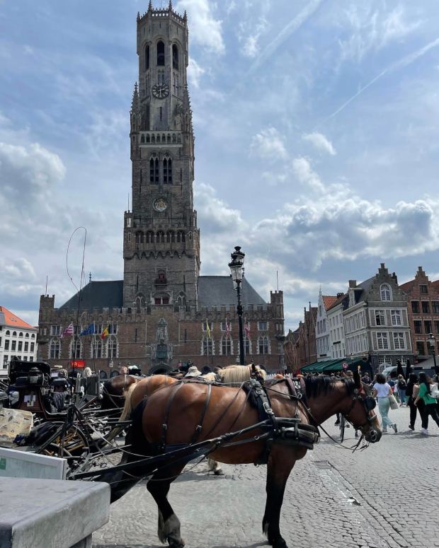 A horse and buggy in the foreground of a photo of the belfry of Bruges, Belgium